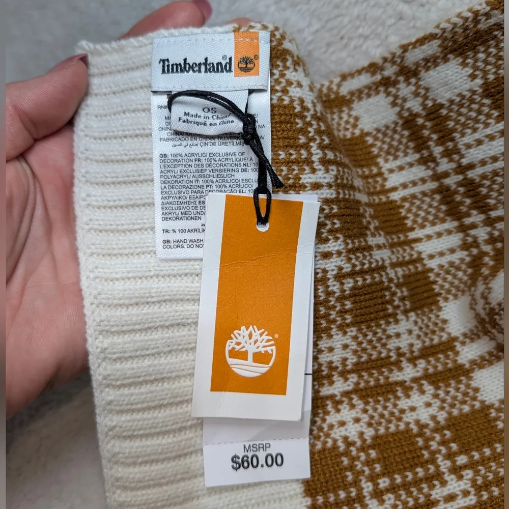 Timberland Brown and Cream Checkered Reversible Scarf 64x10 Fall Winter NWT